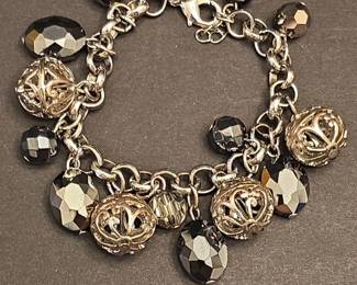 White House Black Market Charm Bracelet with Black Faceted Beads and Filigree Spheres