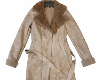 Womens Belted Faux Suede and Faux Shearling Coat