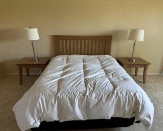 Queen Bed with matrees, Box Spring, head board and bedding you see.
