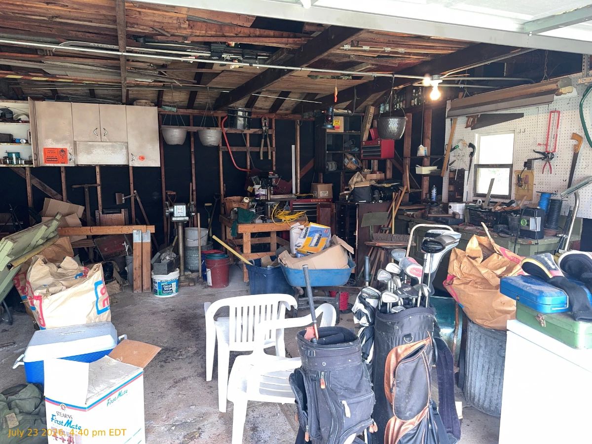 Chairs, grinder, drill press, skiis