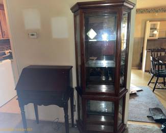 Curio Cabinet, classic drop front secretary desk, kitchen table and chairs
