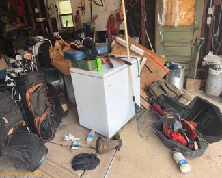 Freezer, Golf Bag and Clubs, Chain Saw and Misc