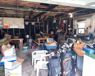 Chairs, grinder, drill press, skiis
