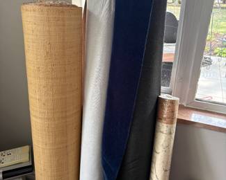 Seagrass wallpaper, Blue Mohair custom fabric and gray custom performance fabric