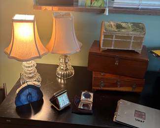 Glass pair of lamps - vintage, travel clocks, bookends, and boxes