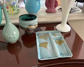 Fenton vase, MCM pottery and signed Asian vase