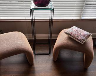 Waterfall ottomans - pair, tall black and glass pedestals and blown glass bowl