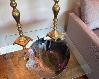 Brass candle holders and pottery