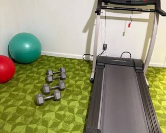 Treadmill, hand-weights and exercise balls