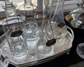 MCM decanters with labels and silver-plated tray