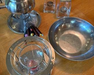 Vintage fondue pot, and stainless accessories