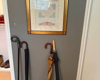 Framed artworl - mixed media and umbrellas and walking cane