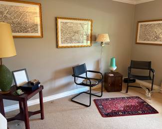 MCM room with black leather arm chairs - 2 - tables and lamps, Ralph Lauren accessories, and "city street" prints -framed (set of 3)
