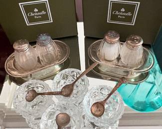 Christofle salt and pepper set (sterling) with boxes and salt cellars with sterling spoons