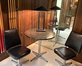 MCM chome and laminate table with 2 chome and vinyl chairs - excellent condition ans shown with art deco black lamp