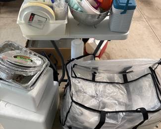 Tote bags, plasticware, and coolers