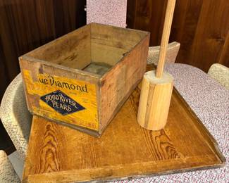 Antique pear box, butter churner, and dough board