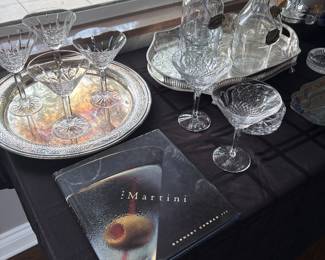 Waterford Martini glasses (4), Baccarat Martini glasses (2), MCM decanters with labels, Silver-plated trays, essential bar accessories