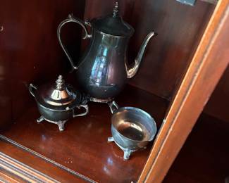 Silver-plated tea pot and cream and sugar