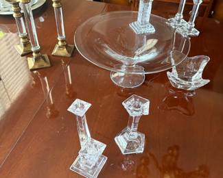 Crystal and brass candle holders and crystal bowl