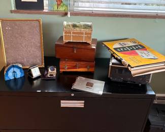 Double-wide file cabinet (2 available), wood boxes, and bookends
