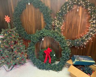 Holiday wreaths, vintage tree and outdoor lights