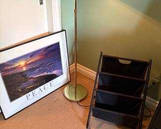 Hanging file, brass floor lamp and framed print "Peace"
