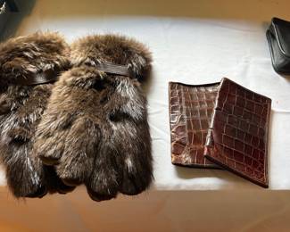 Raccoon and leather gloves and credit card/wallets