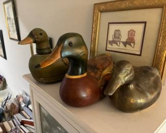 From Left to Right - Antique Decoy with Weights / CD stamped on bottom $ 98.00 - Decoy Duck, Doreline Riesgraf / Mallard 83 $ 80.00 - Brass Duck $ 38.00
