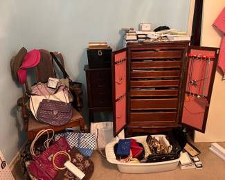 Small jewelry cabinet, chair, small bags/purses