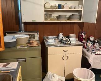 Vintage cabinet, trash cans, dishes, glassware, etc