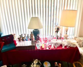 2 lamps, one hobnail, 2 sets of silverware, glassware set, figurines