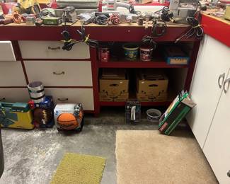 Basketball, football, aluminum coil, wallet scrap wood in boxes, cordless trimmer