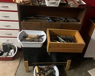 Hammers, wrenches, hand saws, cabinet, etc