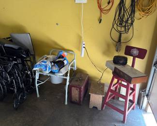 Portable toilet, bench, stool, record player, electric cords