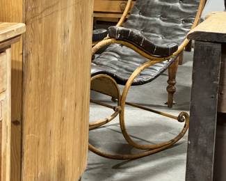 Several Chests, and a Great Mid Century Rocking Chair with Faux Bamboo Supports and Leather Cushion