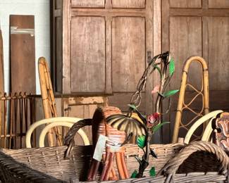 Antique English Oak School Cupboard, behind a variety of items still needing organized...french market baskets, lighting, bamboo chairs and more