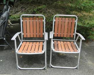 Vintage Mid Century Modern aluminum and wood slat folding lawn chair, and yes we have a pair in very good condition