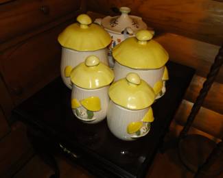 Mushroom canister set in vintage yellow and white