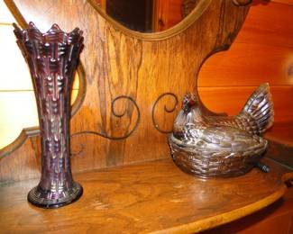 Iridescent, vase and rooster