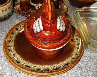 Pottery rooster server and platter