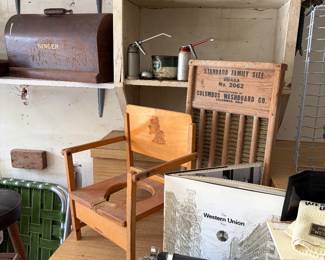 Wash board, vintage potty chair 