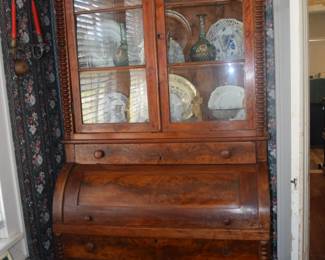 Antique Walnut Cylindrical Desk and Bookcase With Cylindrical Roll Top Closed