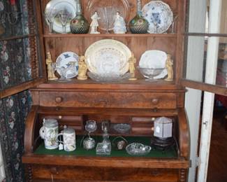 Antique Cylindrical Walnut Desk and Bookcase