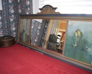 1920's Over Mantle or Sideboard/Buffet Three Panel Mirror and Litho Pictures
