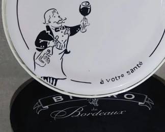 Bistro" collection ceramic plate featuring a classic French waiter motif designed by Jennifer Brinley. Two sets an original round boxes never used