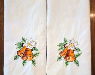Pair Christmas Embroidery Cotton Hand Towels/ tea towels 