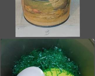 Old Easter coffee can with eggs