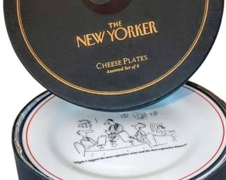 New Yorker Cheese plates every used still in the box four different cartoon scenes on each plate