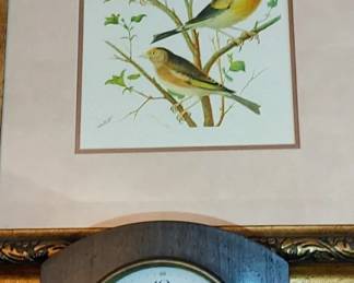 Antique bird lithograph and antique clock